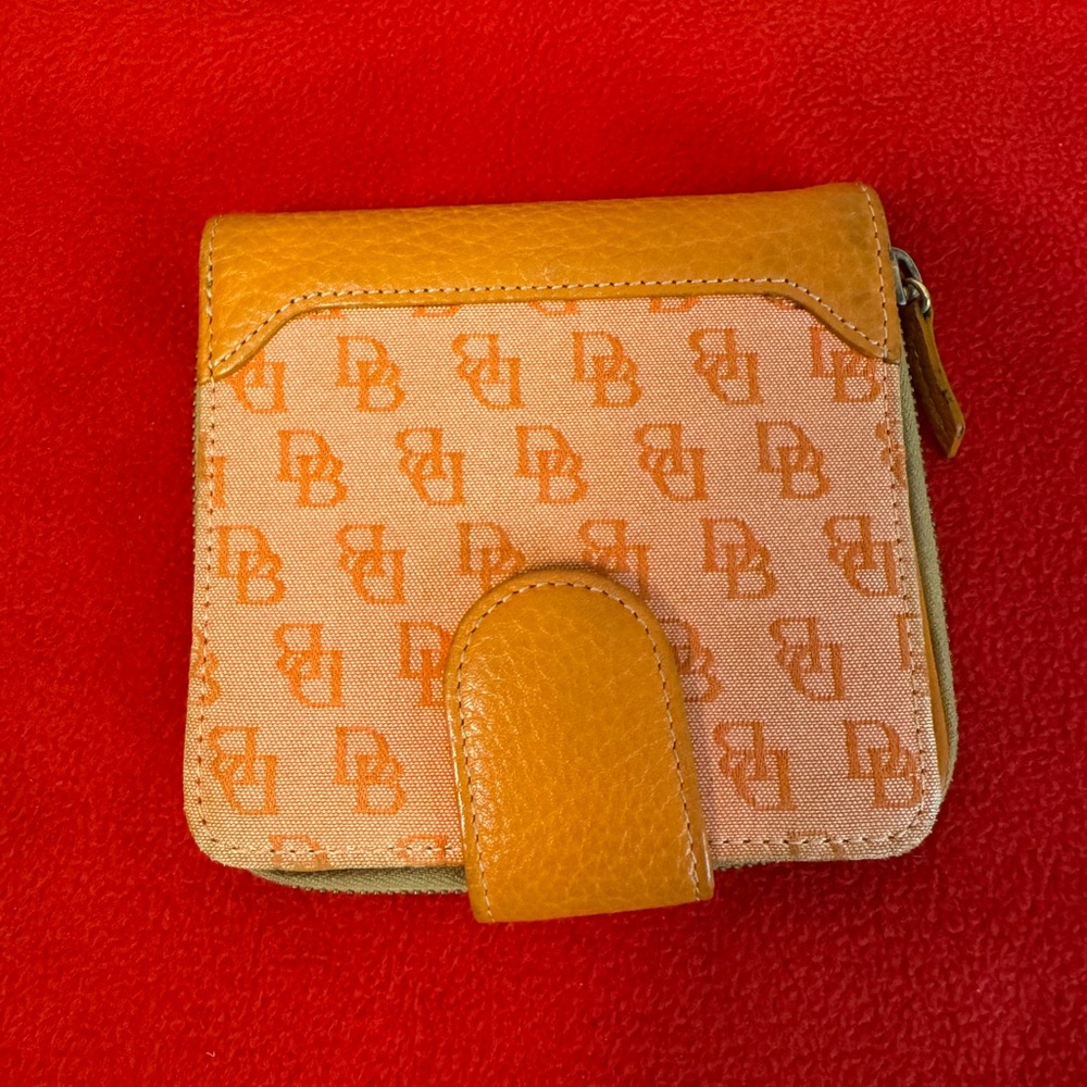 Dooney & Bourke Orange Monogram DB Signature canvas Leather Zip around Wallet
